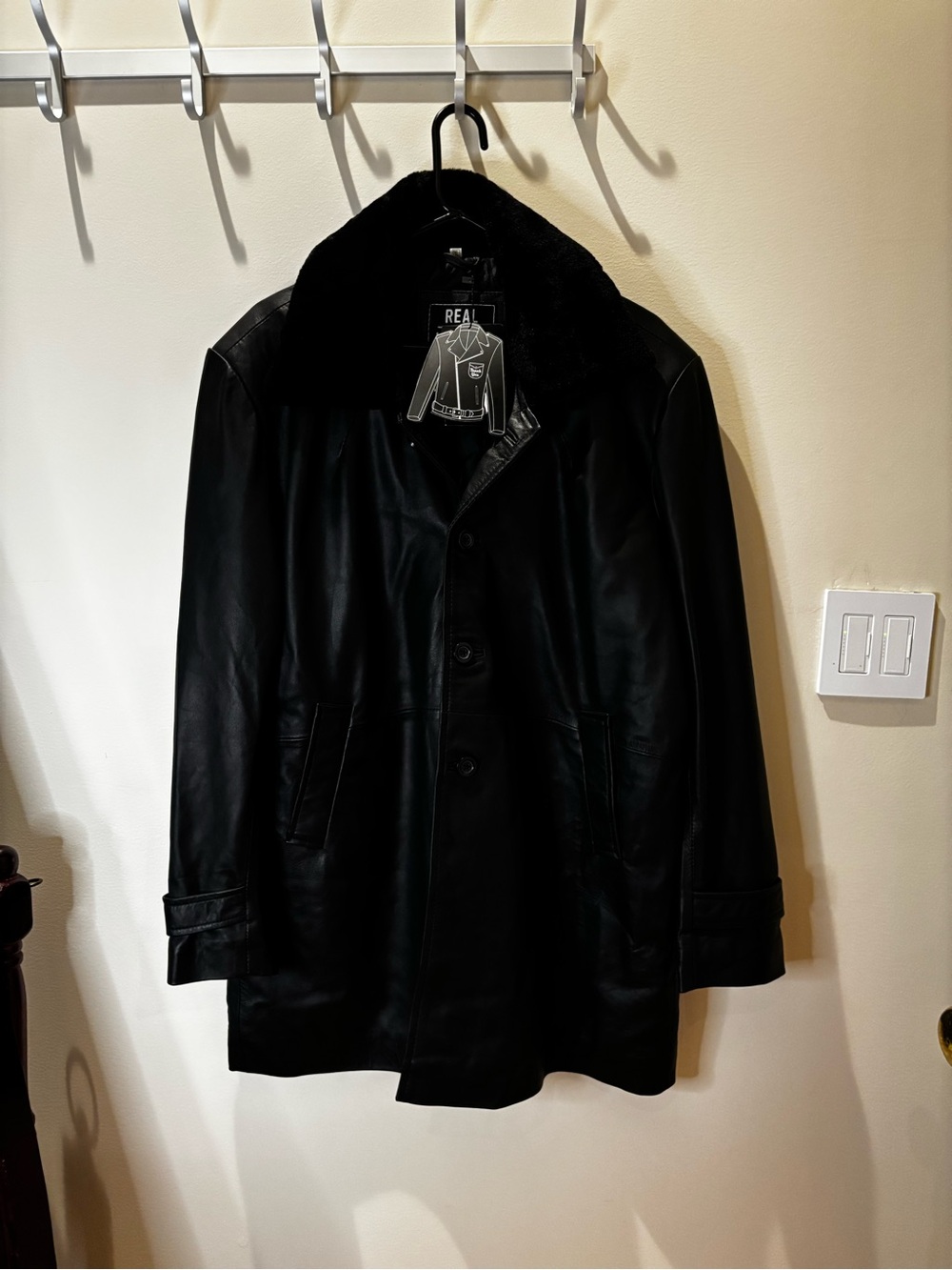 Men's Black Leather Pea Coat with Shearling Collar(HH)